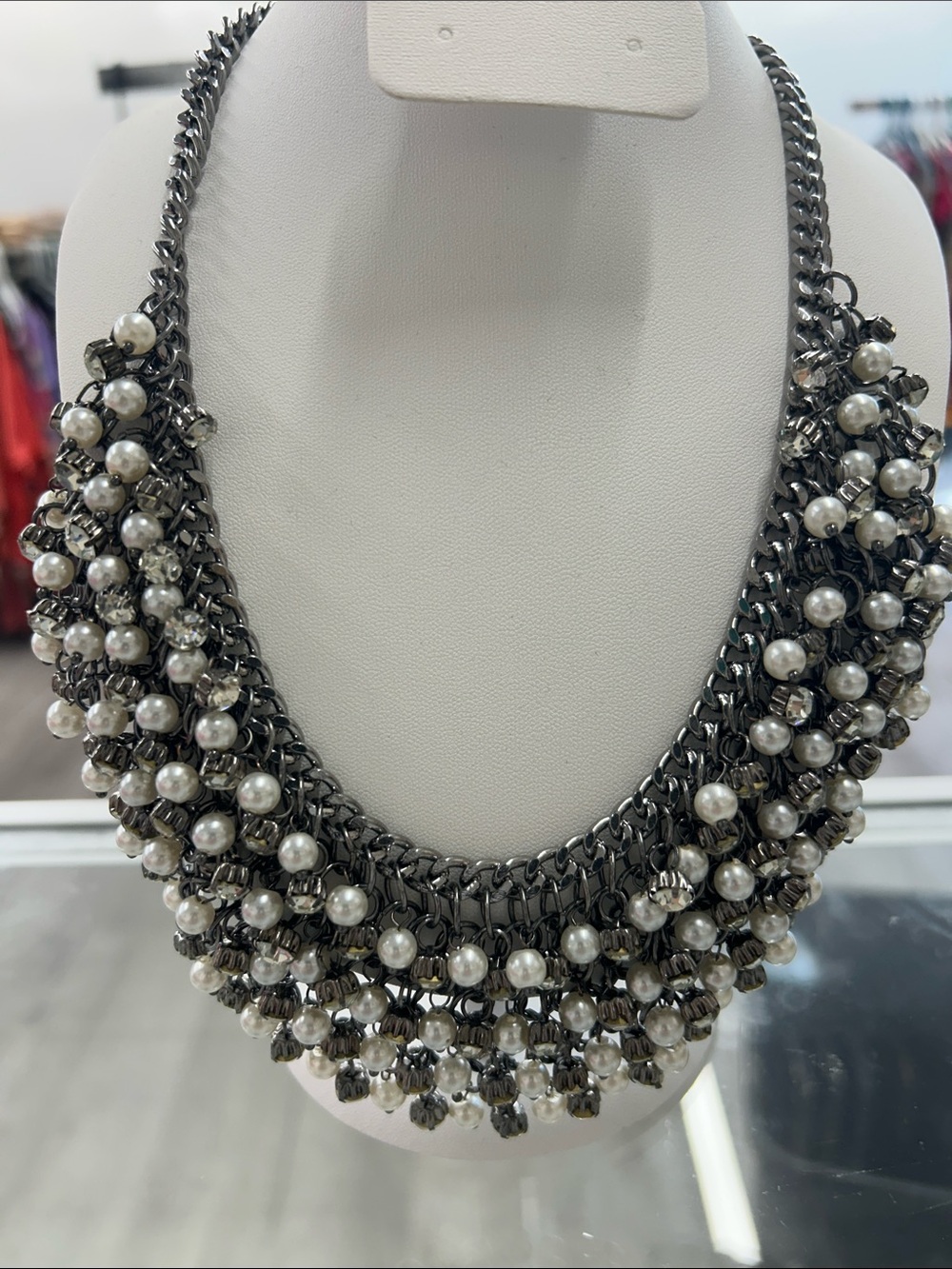 Pearl Cluster Statement Necklace in Gunmetal